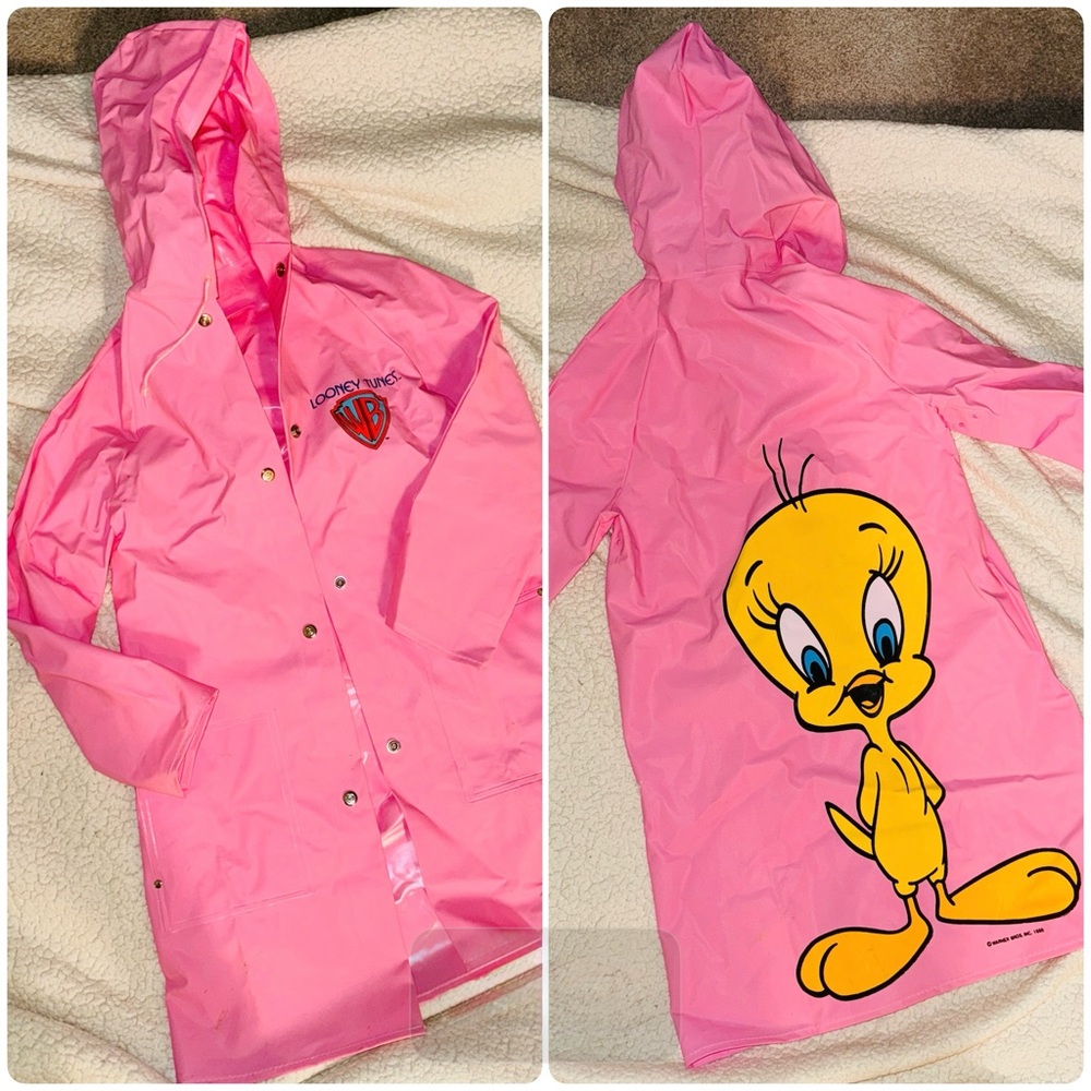 Looney Tunes Warner Bros Tweety Bird Vibrant Pink Vinyl Raincoat size 12 kids